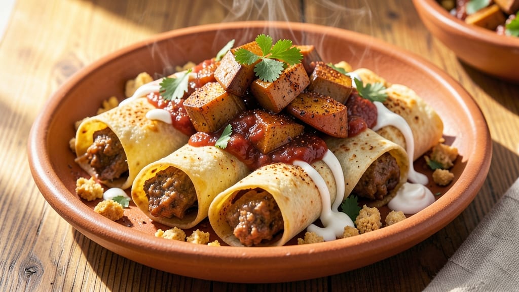 Sweet Potato Enchilada Recipe Vegan: Spiced Jackfruit Filling With Crispy Tortillas
