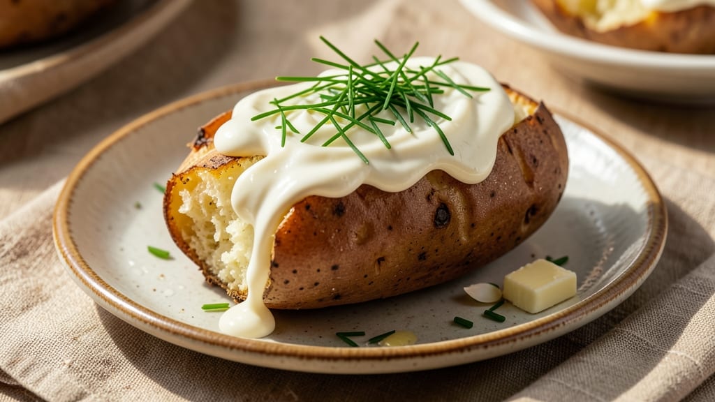 Baked Potato with Sour Cream and Chives Recipe: Crispy Skins and Herbed Cream Topping Magic
