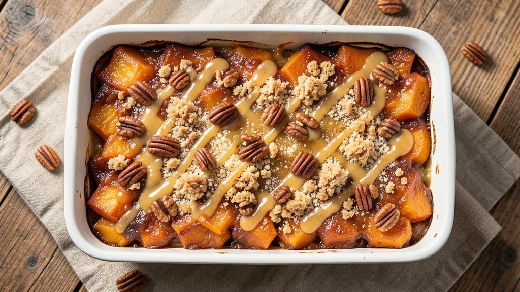 Sweet Potato Casserole Recipe Video: Pecan Streusel Crunch Over Gooey Brown Sugar Cheese
